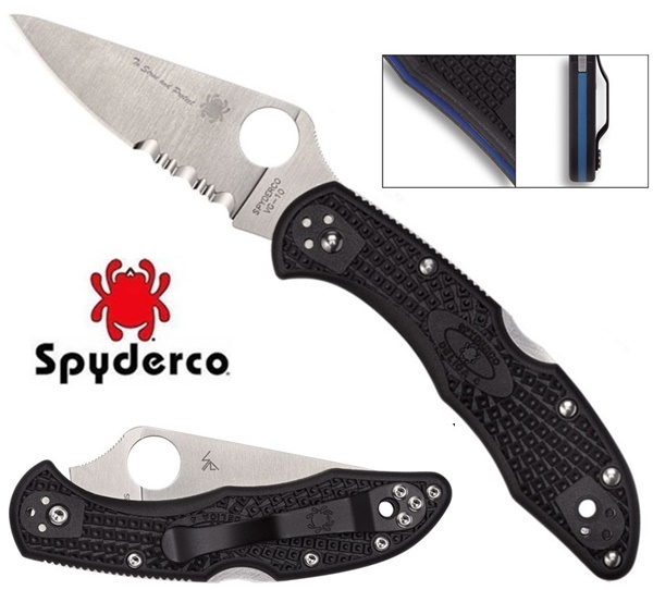 Spyderco Delica 4 FRN Blue Line Combo, félig recés penge, C11FPSBKBL